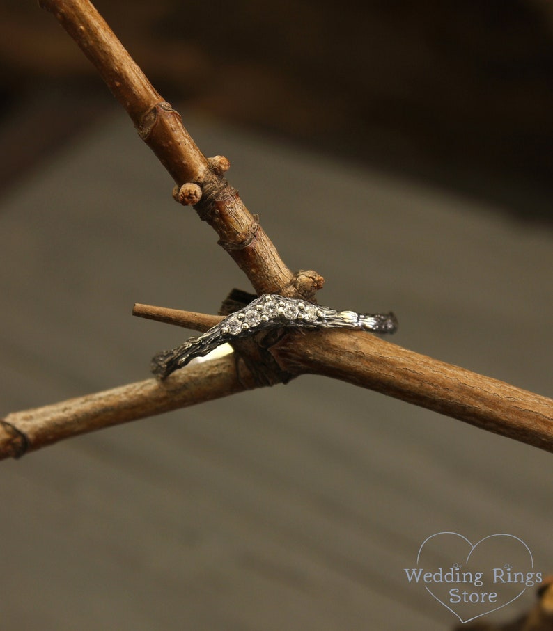 Tiny Tree bark Chevron Ring, Unique Silver V Ring, Thin Silver Stacking Ring Woodbark and Gemstones, CZ Curved Wedding Band for Women image 2