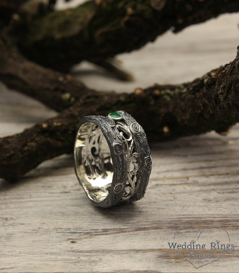 Wide ring Unique tree wedding band Branch wedding ring Greek key and tree bark wedding band Mens greek style tree band Nature ring