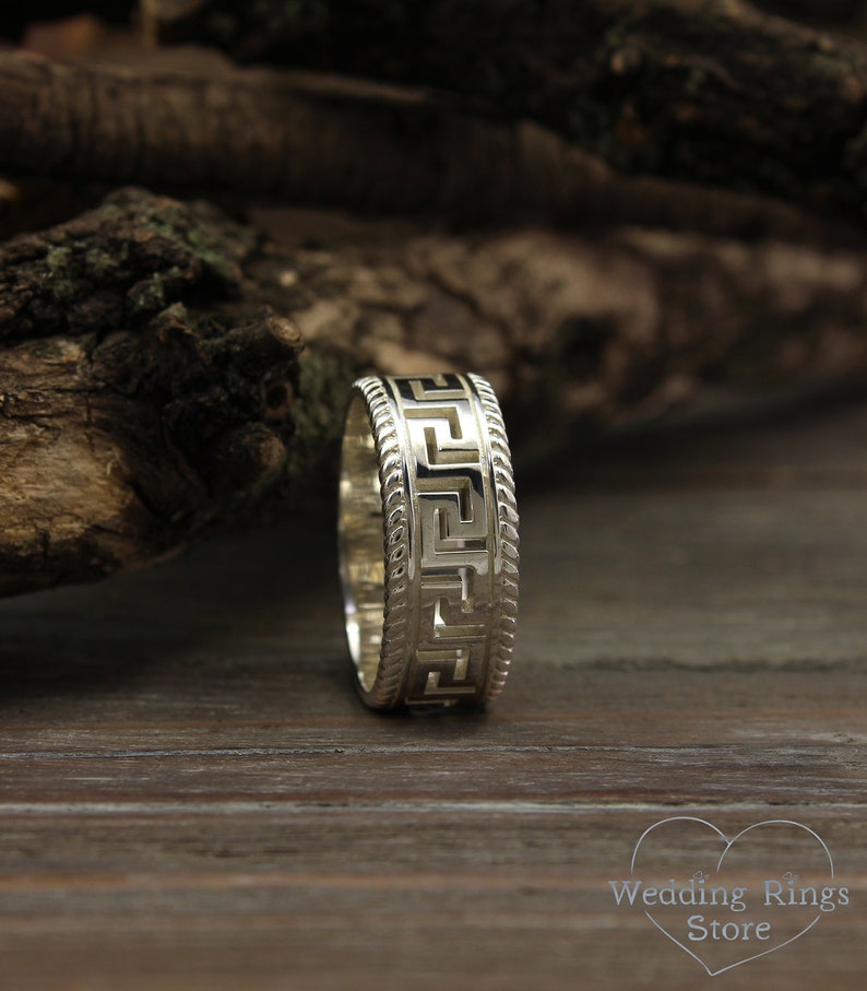 Men/'s greek wedding band Greek wedding band Unusual silver wedding band Women/'s greek band Greek key and filigree silver wedding band
