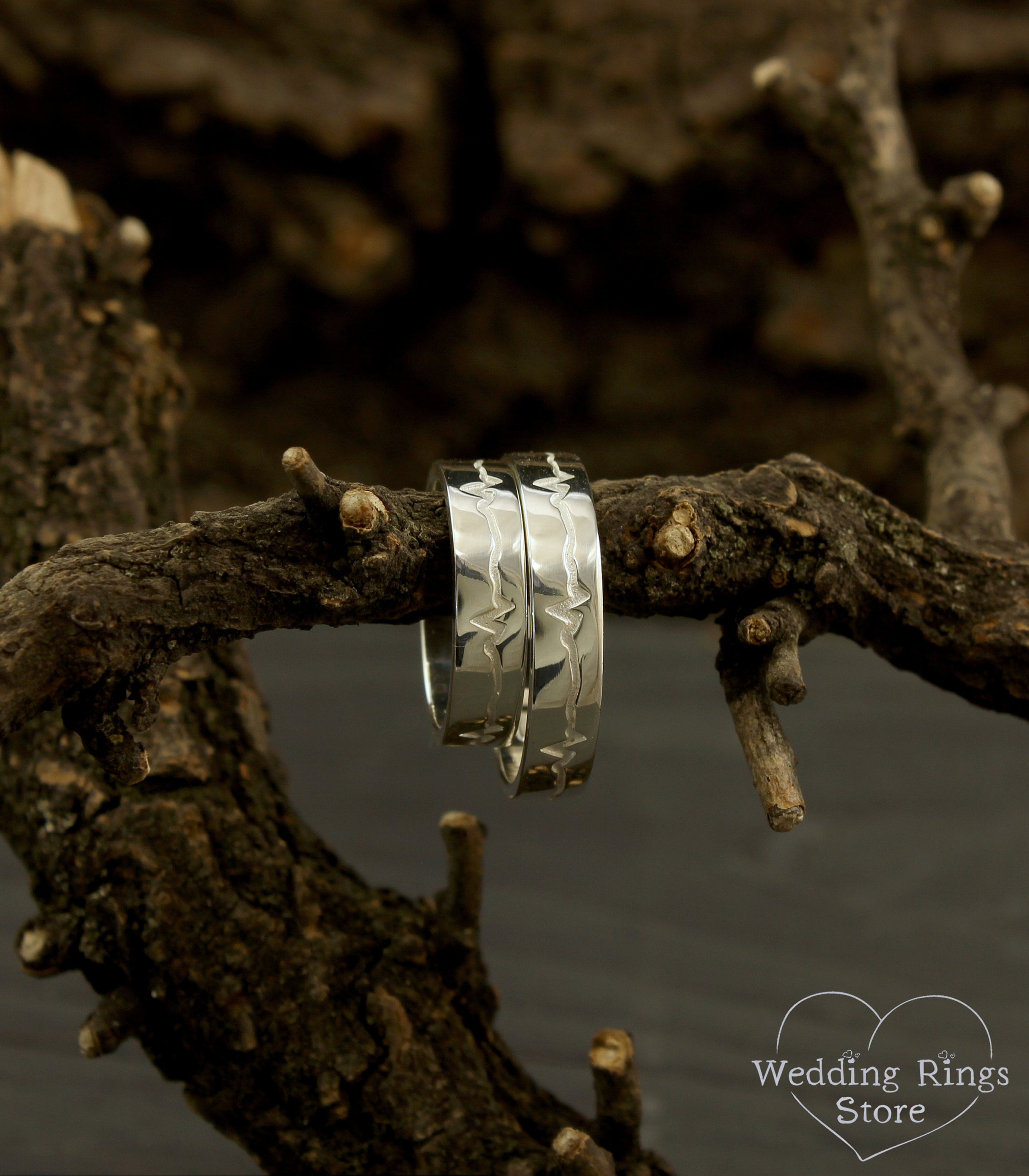 Heartbeat engagement rings Heartbeat silver wedding bands Etsy