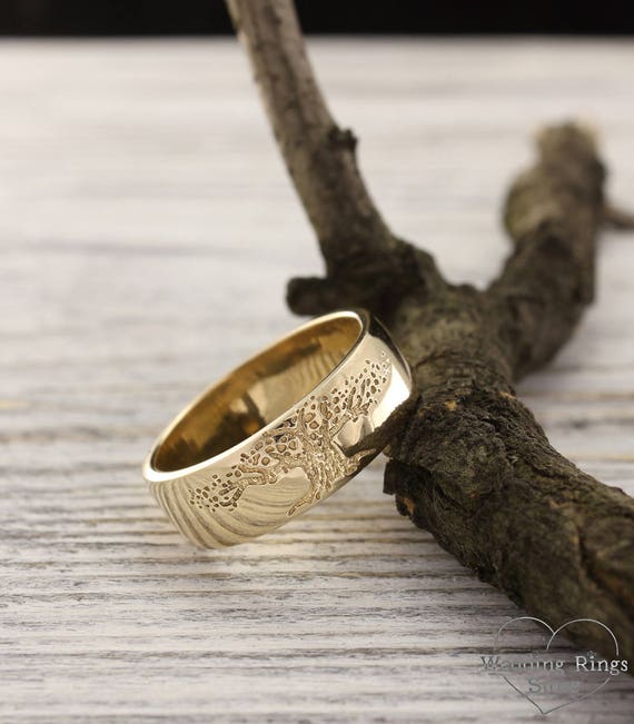 Tree Men's Wedding Band, Family Tree Wedding Ring, Men's Yellow
