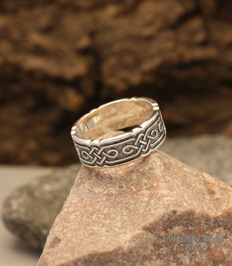 Mens Celtic Wedding Band Wide Silver Ring Viking Wedding Ring Vintage style ring Scottish Ring Brutalist Sterling Silver Band image 6