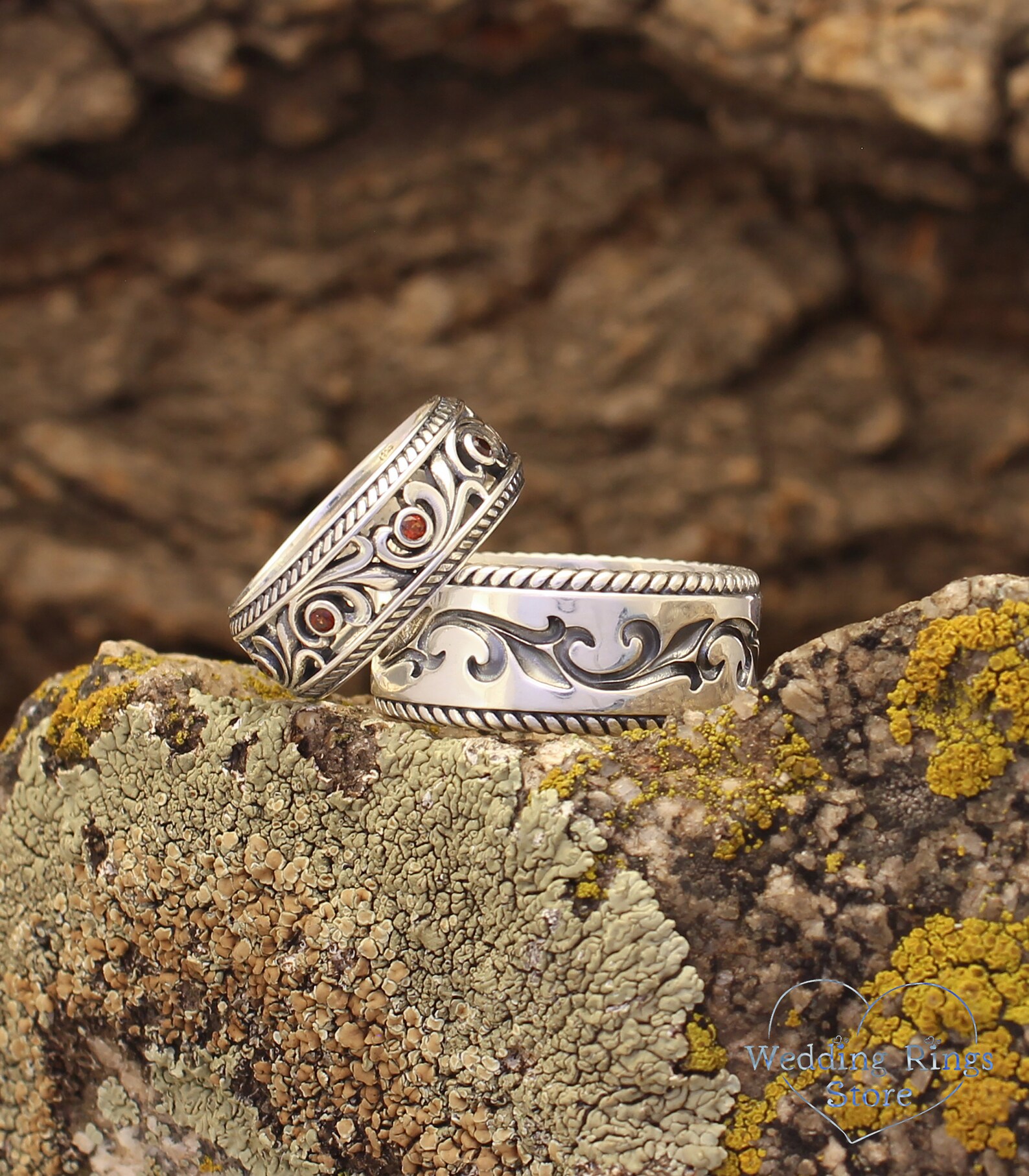 Couple Vintage Style Garnets Wedding Rings for Him and Hers Etsy