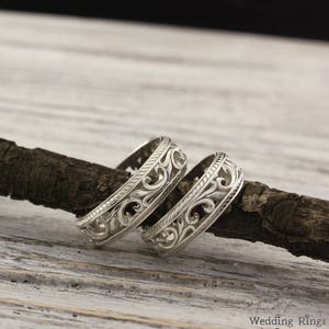 Vintage style silver wedding bands, Nature wedding rings, Couple rings, Leaves wedding band set, Expensive silver rings, Unique set ring image 2