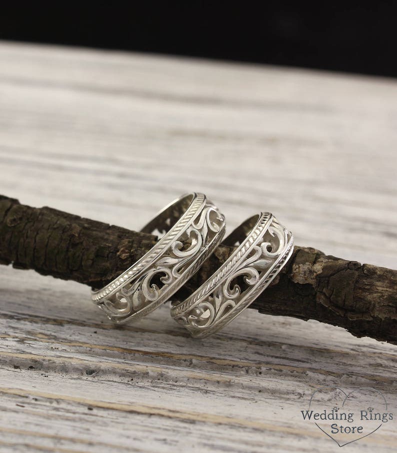 Vintage style silver wedding bands, Nature wedding rings, Couple rings, Leaves wedding band set, Expensive silver rings, Unique set ring image 2