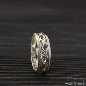 Filigree & Vine Wedding Band for Women and Men, Unique Sterling Silver Ring Vintage Style, Old Fashioned Style Medieval Ring Band and Leaves image 2