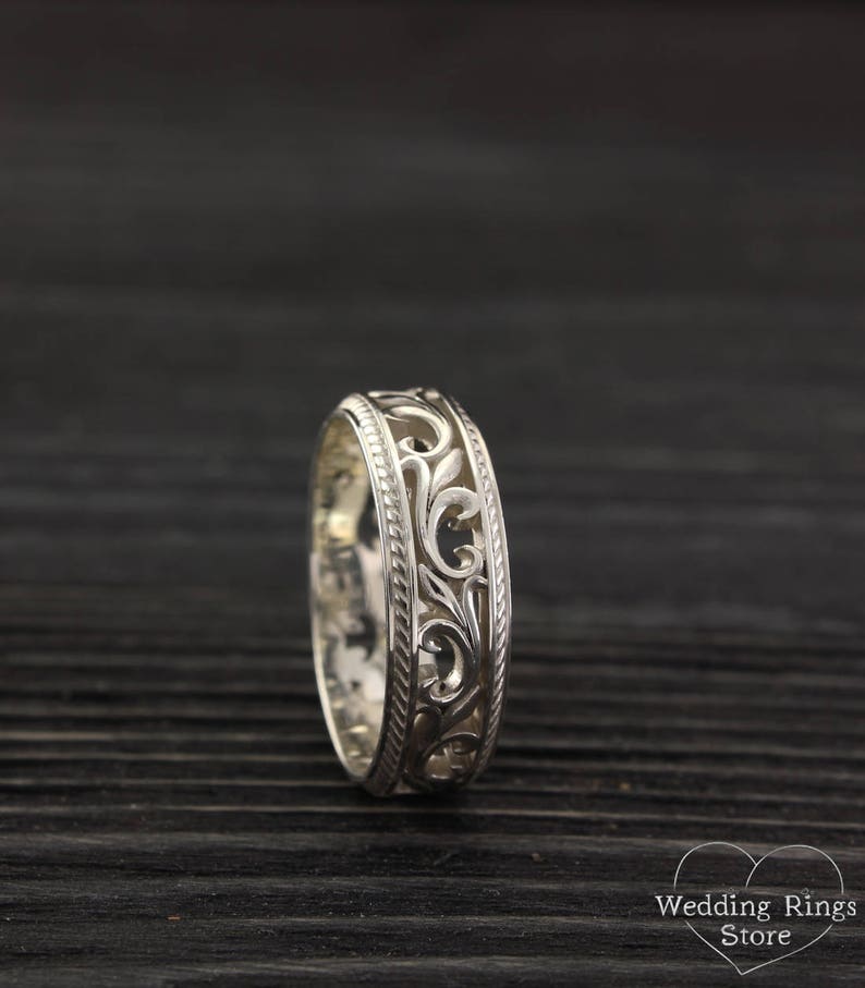 Filigree & Vine Wedding Band for Women and Men, Unique Sterling Silver Ring Vintage Style, Old Fashioned Style Medieval Ring Band and Leaves image 2