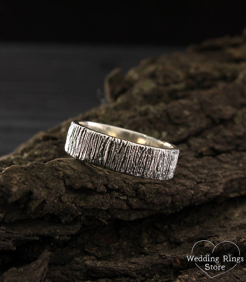 Rustic style wedding band, Tree bark ring, Silver tree wedding ring, Nature silver ring, Silver band, Men's wedding band, Women wedding ring image 4