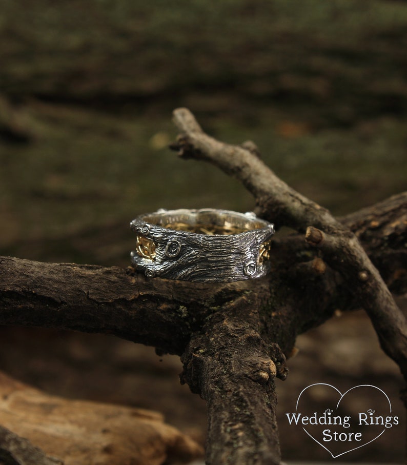 Tree mixed metals wedding band with celtic pattern, Celtic wedding band, Tree silver and gold ring, Celtic and tree bark band, Unique ring image 8