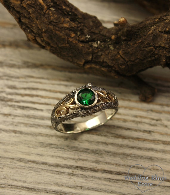 Unique Gold Vines on a Twig Engagement Ring With Emerald Branch