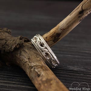 Filigree & Vine Wedding Band for Women and Men, Unique Sterling Silver Ring Vintage Style, Old Fashioned Style Medieval Ring Band and Leaves image 6