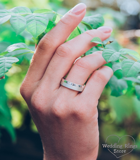 Small Diamond Ring with finishes Matte and Shiny Sterling Silver — Unisex  Elegant Minimalist Wedding Band for Women Men