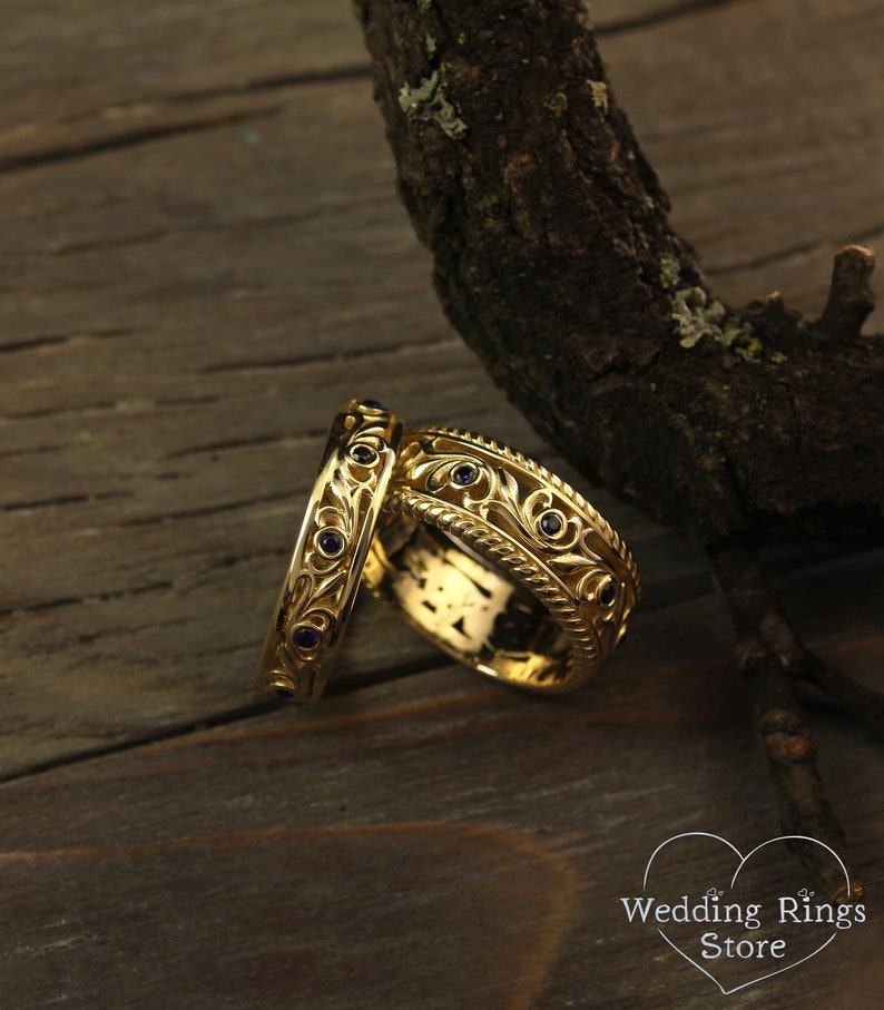 Vintage style wedding bands set with sapphires Vine wedding Etsy