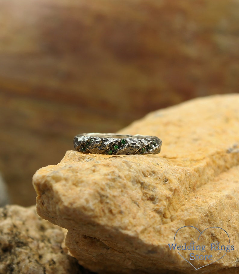 Hammered wedding band with emerald, Unique rocky wedding band, Wild relief band, Mens hammered ring, Unusual wedding band, Solid silver ring image 1