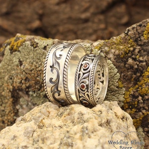 Pareja de anillos de boda de granates de estilo vintage para él y para ella, conjuntos de alianzas de boda de plata a juego, alianzas de la naturaleza para los novios imagen 8