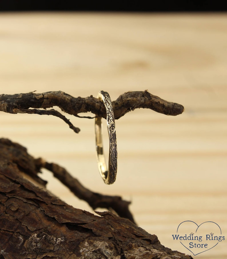 Tree dainty wedding band Tree bark band in black finish Etsy