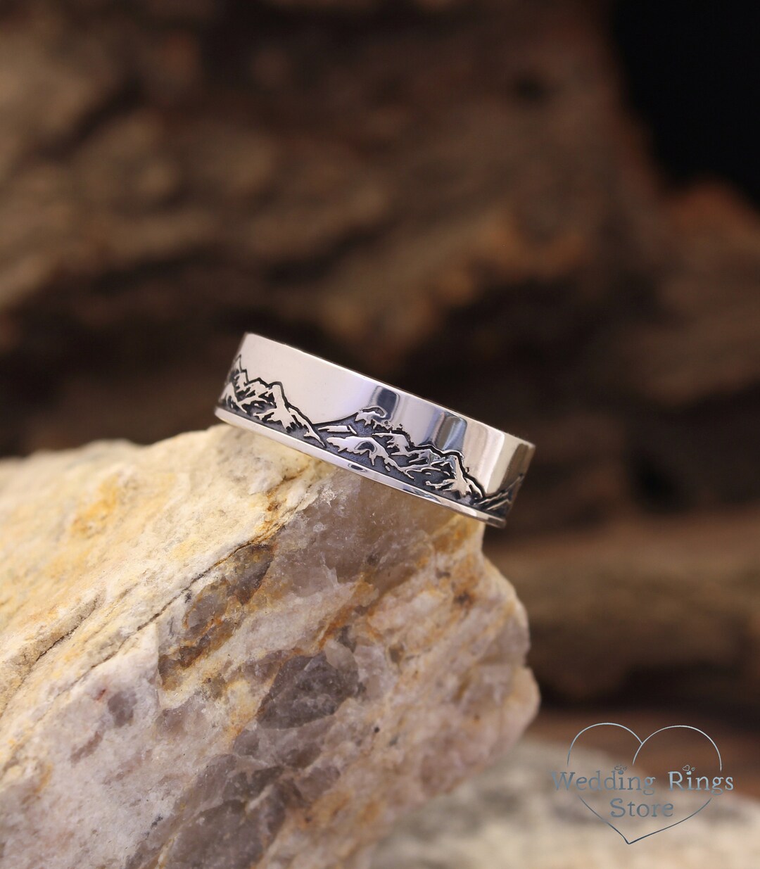 Sterling Silver Mountain Ring for Him, Handmade Mens Wedding Band