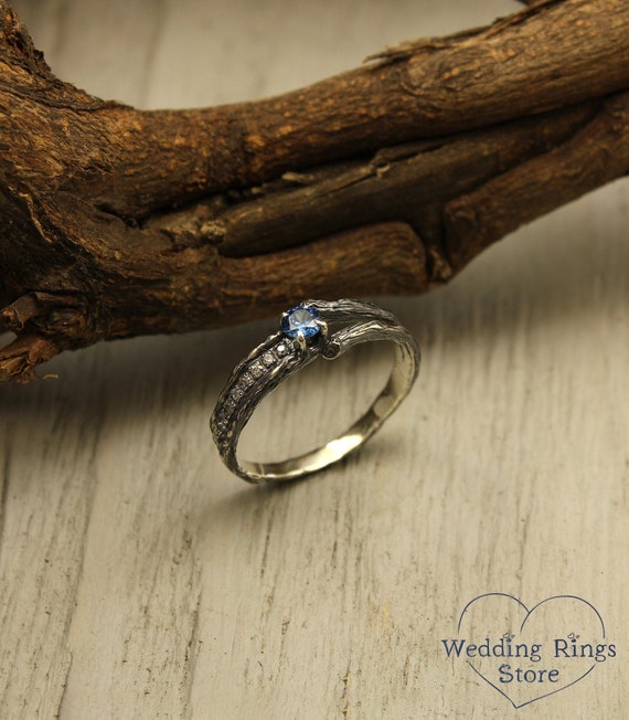 Unique twig dainty ring with London blue topaz and diamonds, Delicate engagement ring for woman made in 14k white gold, Gift for fiancée