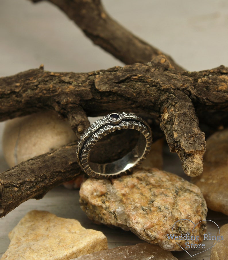 Tree bark band with sapphire Unusual tree wedding band 5mm wedding band Unique durable wedding band Rustic ring Sapphire silver ring