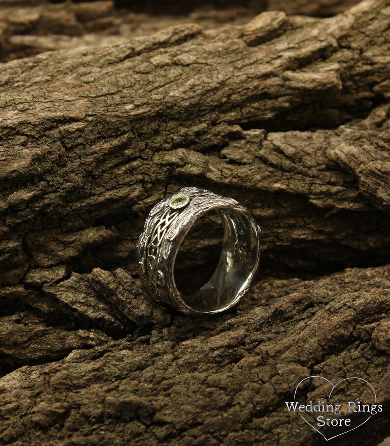 Celtic patterned band with Peridot, Celtic wedding band, Tree bark wedding band, Unusual celtic gift, Branch wedding ring, 10mm silver ring image 7