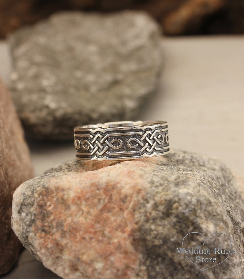 Mens Celtic Wedding Band Wide Silver Ring Viking Wedding Ring Vintage style ring Scottish Ring Brutalist Sterling Silver Band image 2