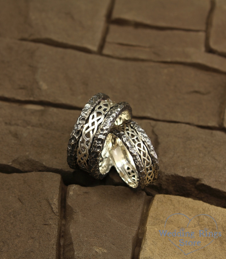 Unique sterling silver bands Celtic bands set Matching celtic rings set Rock celtic bands set Hammered His and Her celtic wedding bands