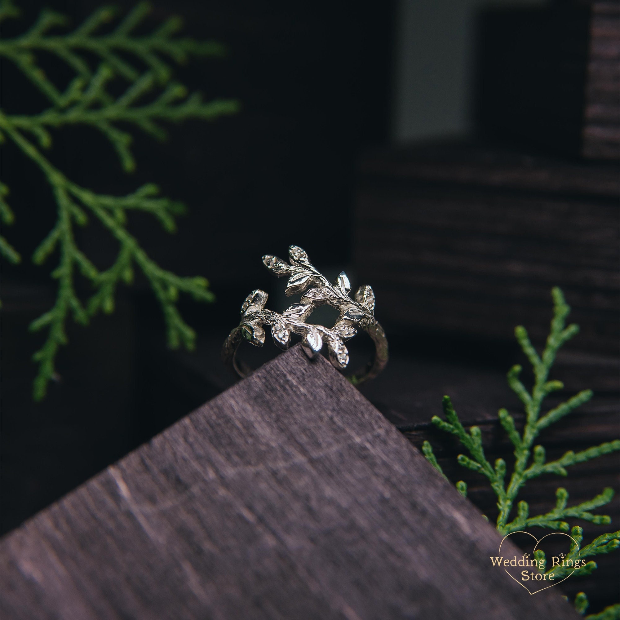 Fairy gemstones delicate twig leaves ring silver, Nature bypass sterling silver ring women, Anniversary gift for beloved, Christmas present