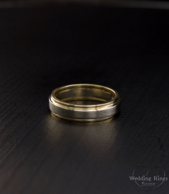 Unique two tone comfort fit wedding band for men and women in 14k white and yellow gold