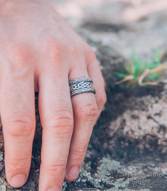 Unique Celtic Wedding Band, Mens Hammered Wedding Band, Mens Rocky