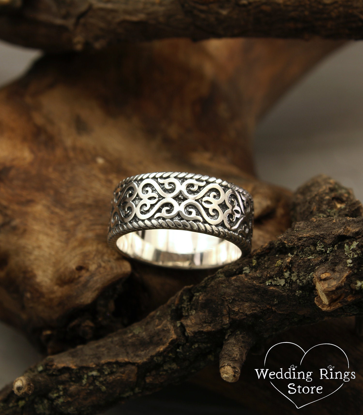 Silver Patterned Rings Vintage Style Sterling Silver Ring With Pattern, Unique Wedding Band ...