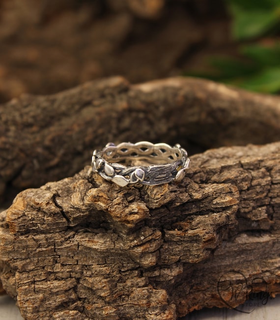 Twist Twig With Leaves Sterling Silver Wedding Band, Tree and Leaf