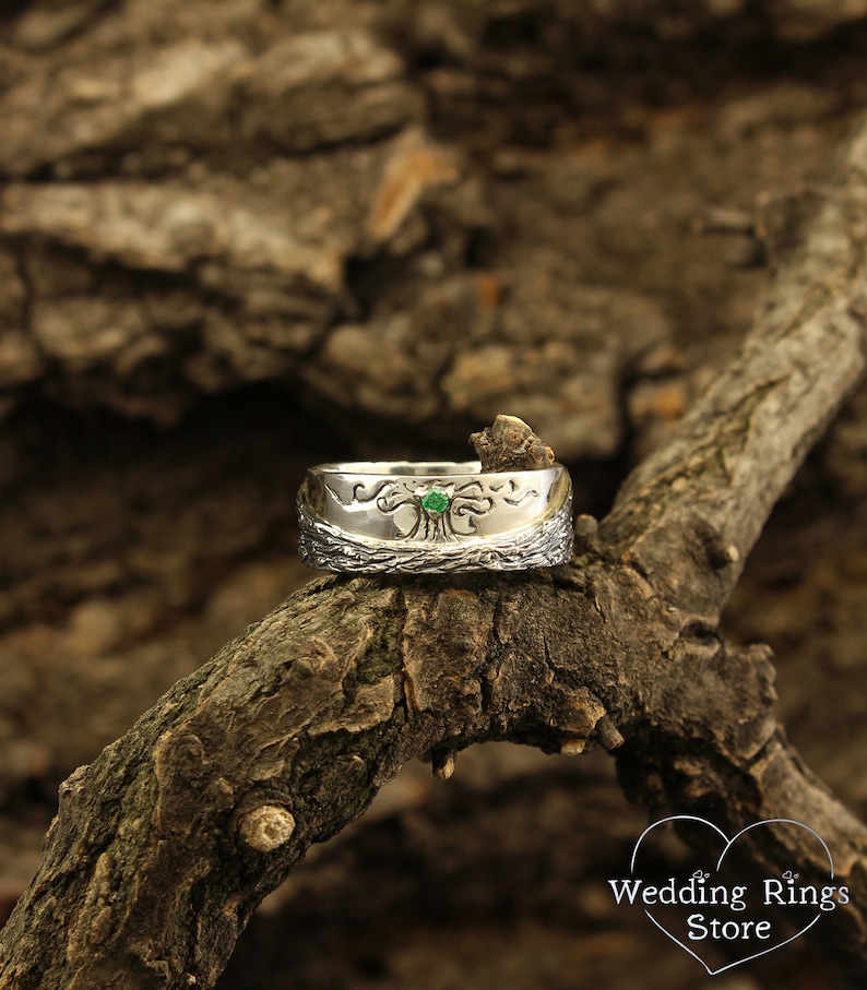 Family Tree Wedding Band With Emerald Wild Tree Ring Unique Etsy