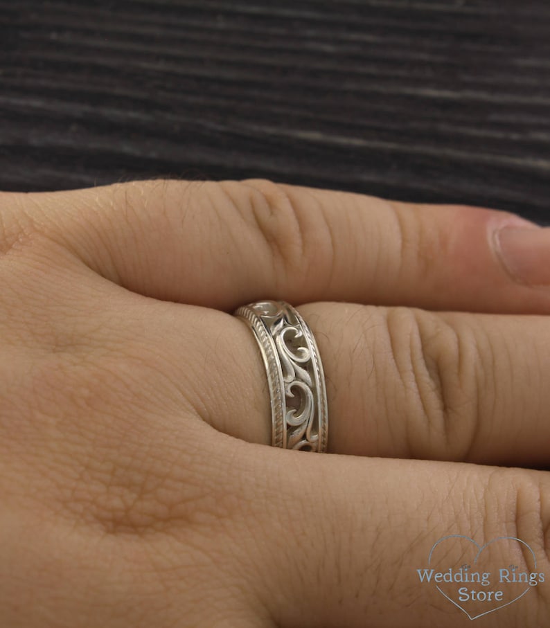 Filigree & Vine Wedding Band for Women and Men, Unique Sterling Silver Ring Vintage Style, Old Fashioned Style Medieval Ring Band and Leaves image 8