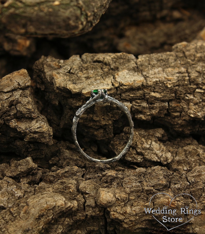Emerald dainty branch engagement ring, Tiny twig engagement ring, Unique women's twig ring, Tree bark sterling silver ring, Emerald ring image 7