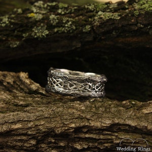 Unique silver tree band with celtic pattern, Tree silver wedding band, Celtic wedding ring with tree bark, Wide silver ring, Unusual band image 2