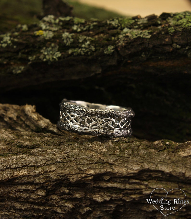 Unique silver tree band with celtic pattern, Tree silver wedding band, Celtic wedding ring with tree bark, Wide silver ring, Unusual band image 2