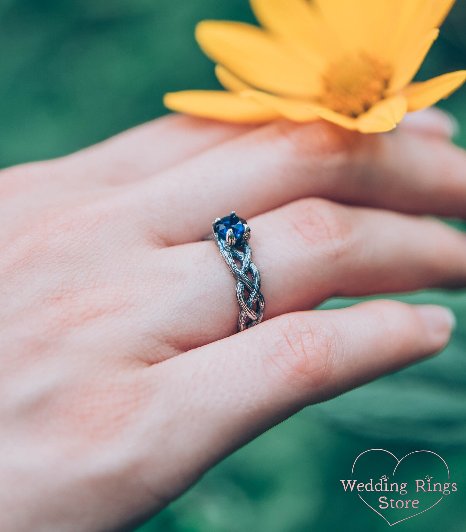 Twist Engagement Ring With Sapphire Branch Engagement Band Etsy