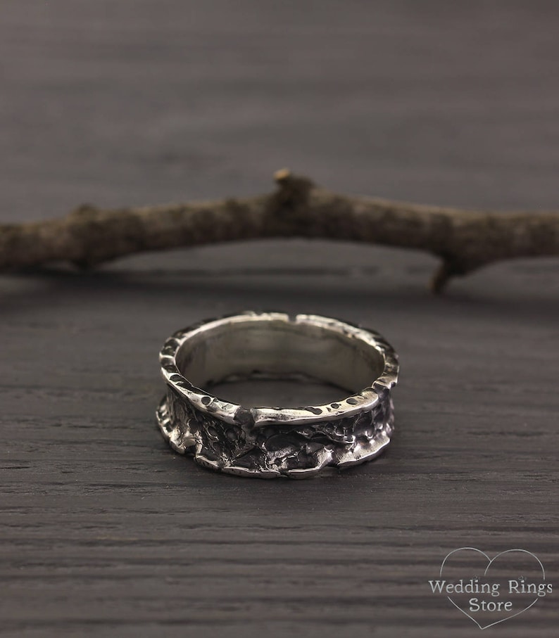 Custom wedding band Unusual womens ring Unique silver band Lava ring Large silver ring Volcanic ring Unique mens band Exclusive ring
