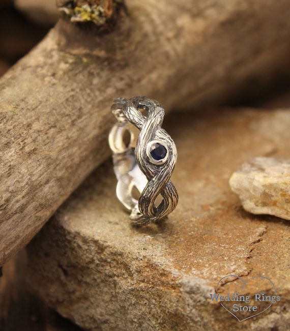 Twist Wedding Band With Natural Sapphire for Him, Handmade Men