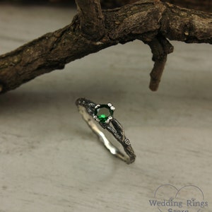 Emerald dainty branch engagement ring, Tiny twig engagement ring, Unique women's twig ring, Tree bark sterling silver ring, Emerald ring image 8