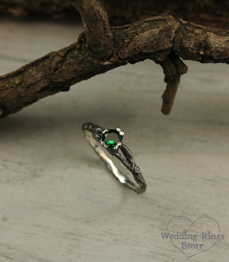 Emerald dainty branch engagement ring, Tiny twig engagement ring, Unique women's twig ring, Tree bark sterling silver ring, Emerald ring image 8