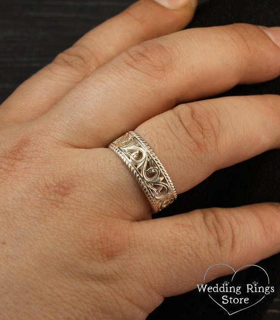 White Gold Vine and Filigree Wedding Band Women & Men Vintage