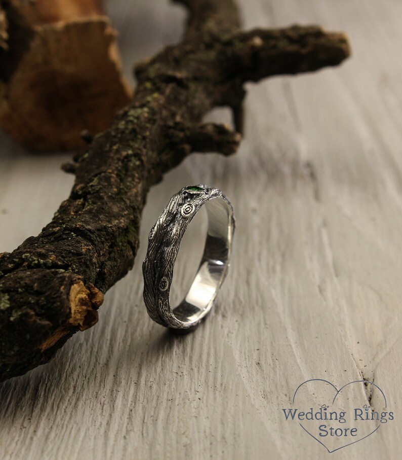 Unique tree bark wedding band with emerald Branch and knots Etsy