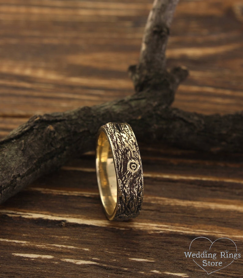 Men's tree bark gold wedding band Bark wedding band Wild Etsy