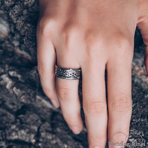 Unique silver tree band with celtic pattern, Tree silver wedding band, Celtic wedding ring with tree bark, Wide silver ring, Unusual band image 4