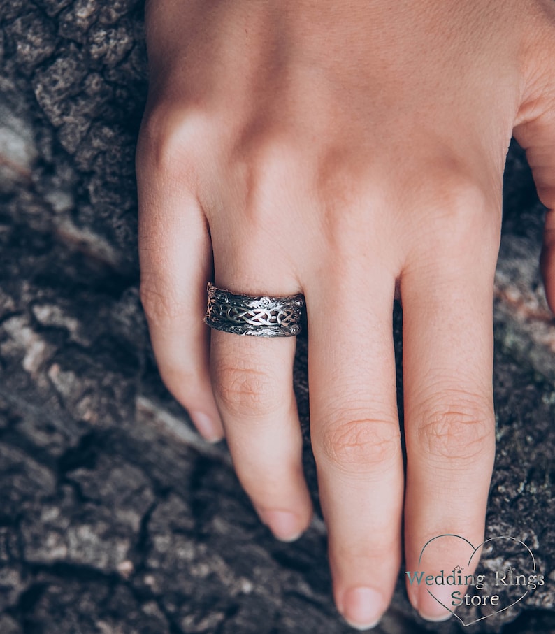 Unique silver tree band with celtic pattern, Tree silver wedding band, Celtic wedding ring with tree bark, Wide silver ring, Unusual band image 4