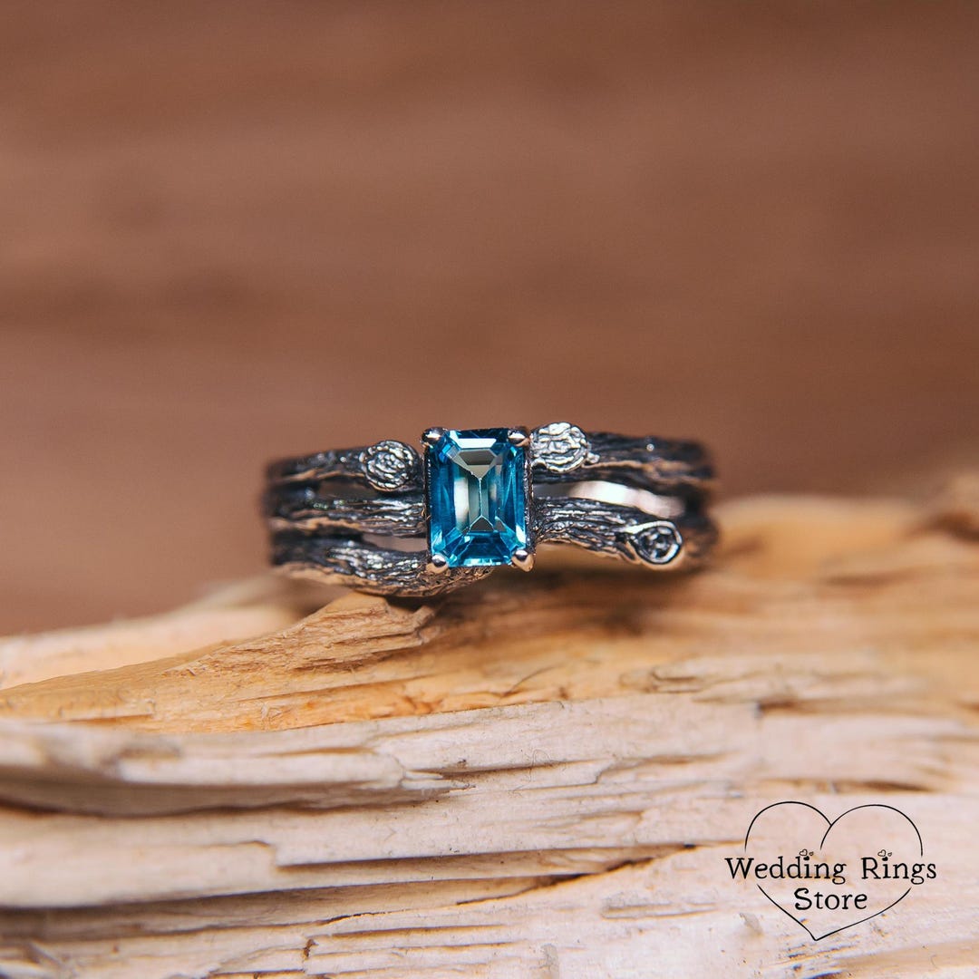 Wide Tree Nature Engagement Ring Blue Topaz Silver Branch Split Around ...