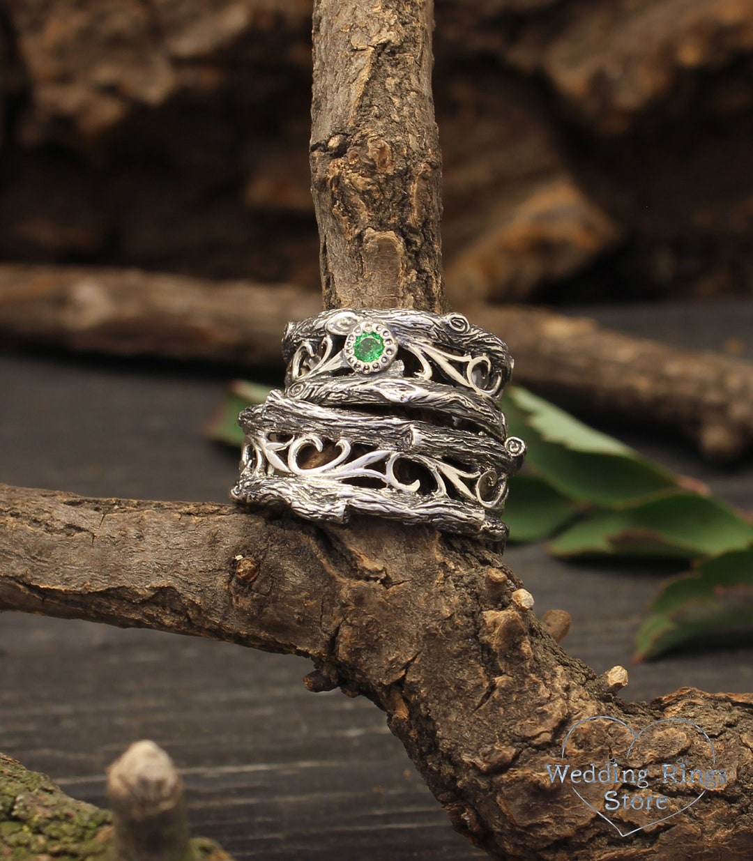 His Her Emerald Wedding Rings Set Inspired by Nature Tree Etsy Hong Kong