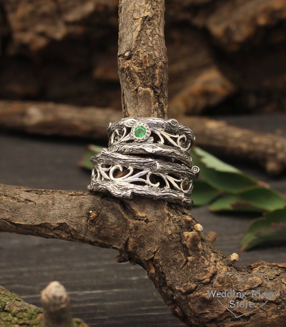 His Her Emerald wedding rings set inspired by nature Tree - Etsy 日本
