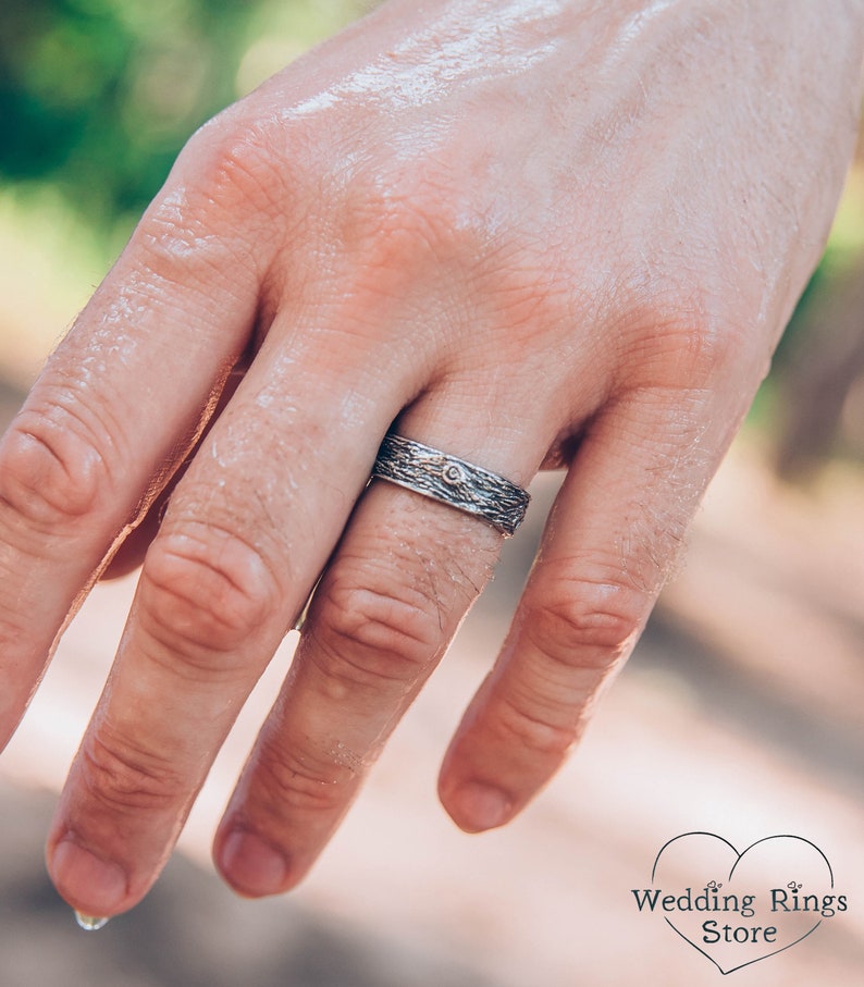 Tree bark wedding band, Rustic wedding ring, Family tree wedding ring, Nature silver ring, Large wedding band, Men's band, Women ring image 2